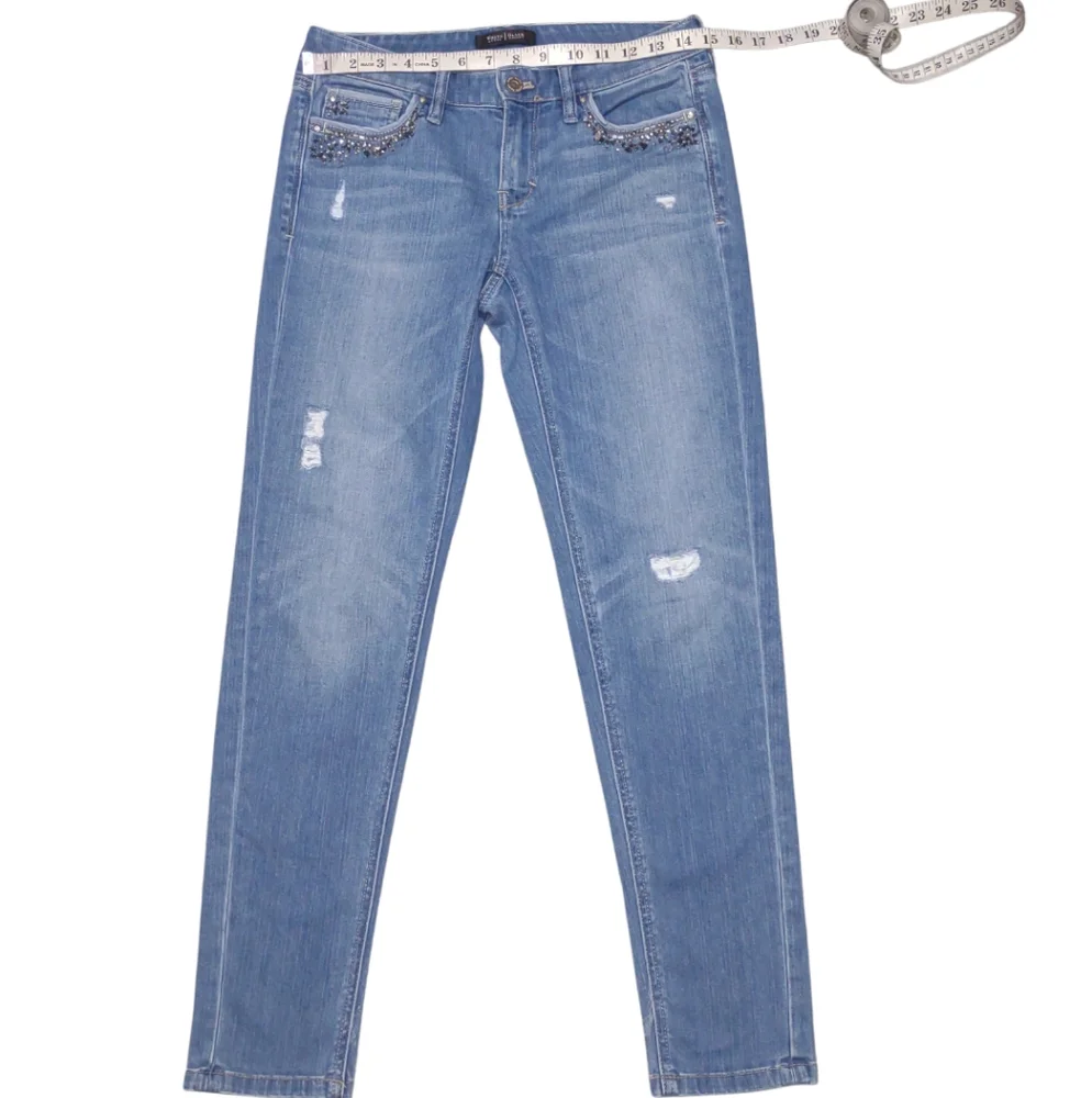 WHBM Low Rise Girlfriend Jeans Blue Jeweled Pockets Size 0R - Picture 8 of 12
